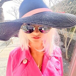 Elegant Black Wide-Brim Hat with Pink Ribbon